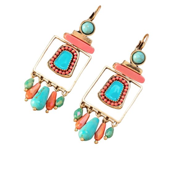 Coral & Turquoise Boho Dangle Earrings NWOT - Picture 3 of 4